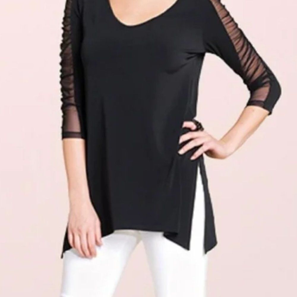Clara Sun Woo‎ Womens Black Top Ruched Sheer 3/4 Sleeve Stretch V Neck XS
